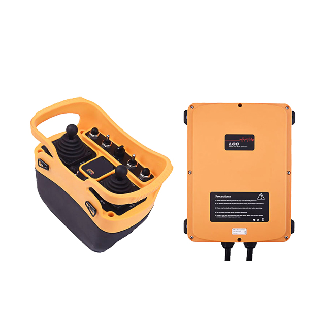 Industrial tower crane remote control system operating on a busy construction site